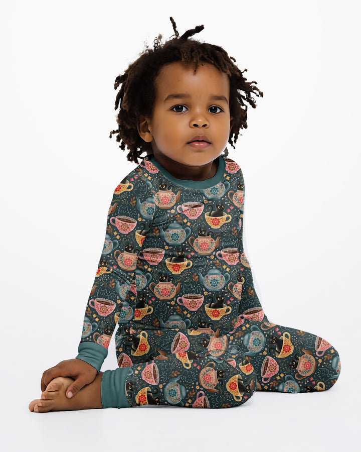 Folk Floral Black Cat Tea Party Bamboo Two Piece Long Sleeve Pajama Set