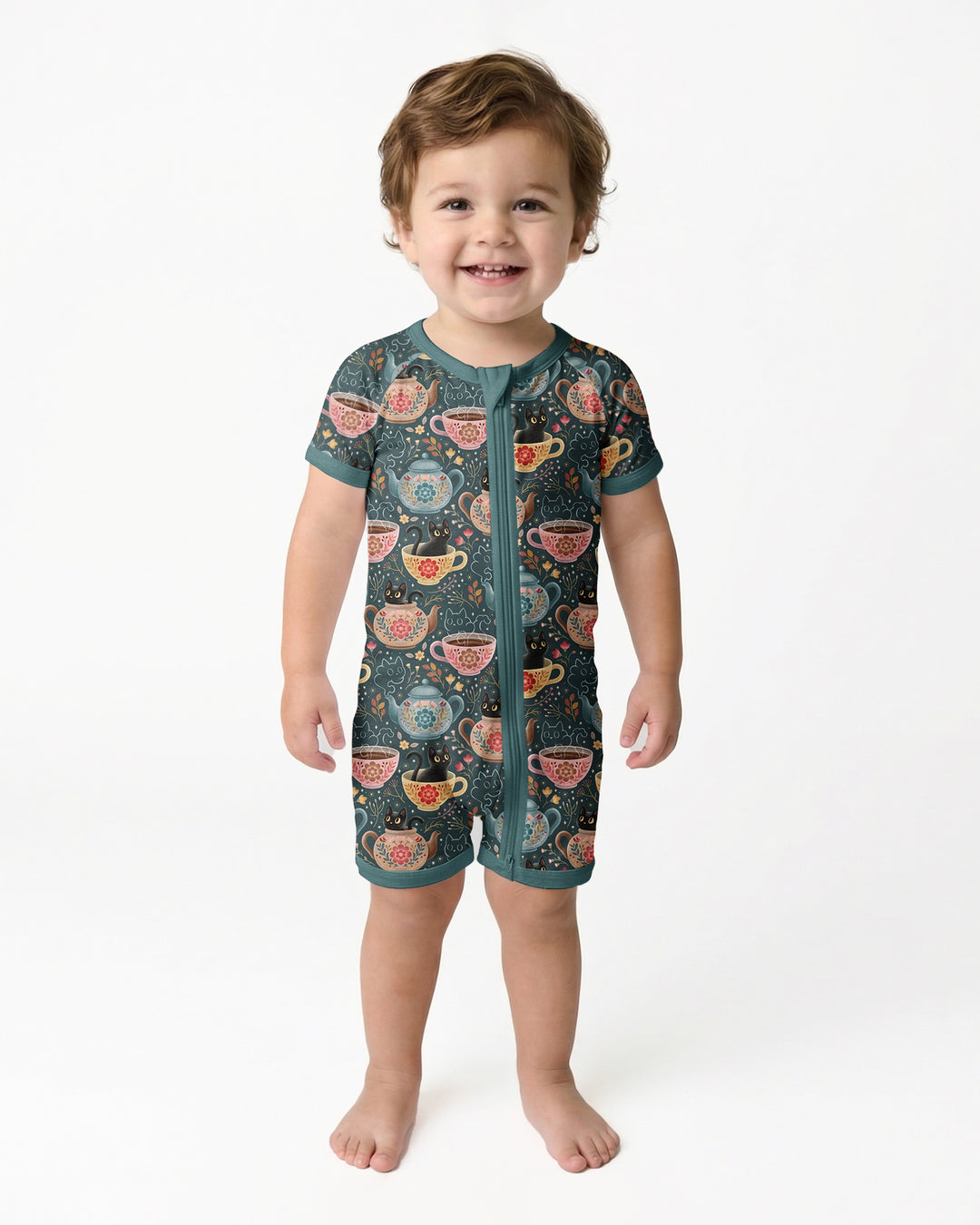 Folk Floral Black Cat Tea Party Bamboo Shorty Zippy