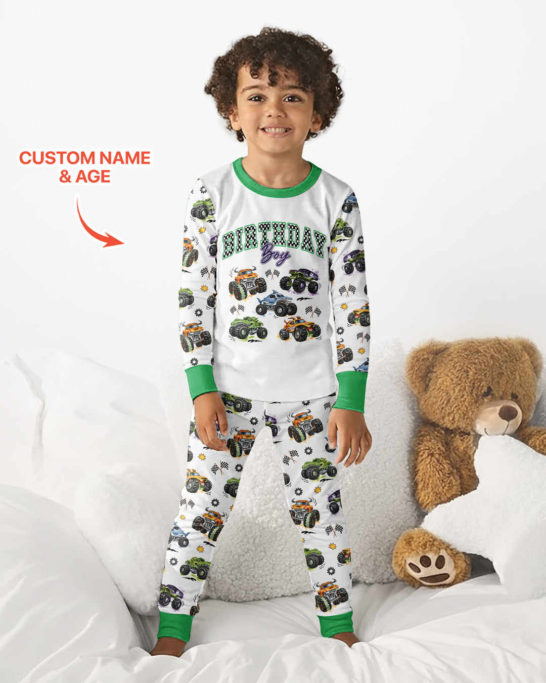 Personalized Monster Truck Birthday Bamboo Two Piece Long Sleeve Pajama Set