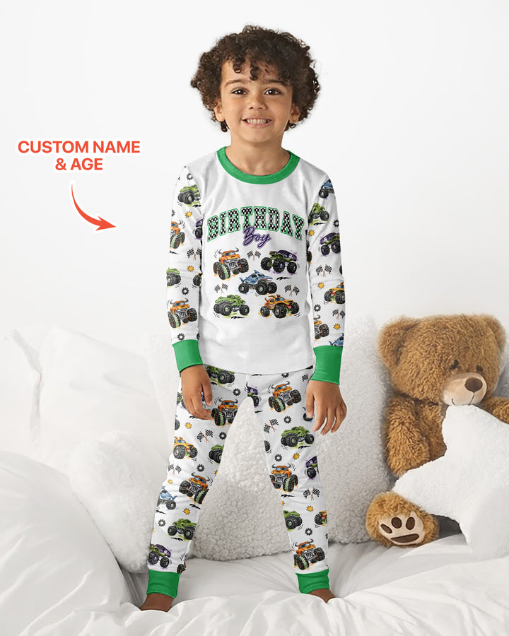 Personalized Monster Truck Birthday Bamboo Two Piece Long Sleeve Pajama Set