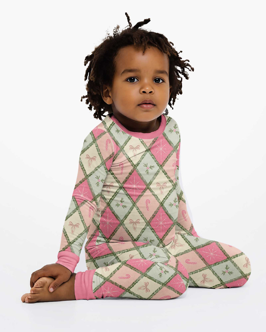 Pink Christmas Patchwork Mommy & Me Matching Bamboo Two Piece Long Sleeve Pajama Set