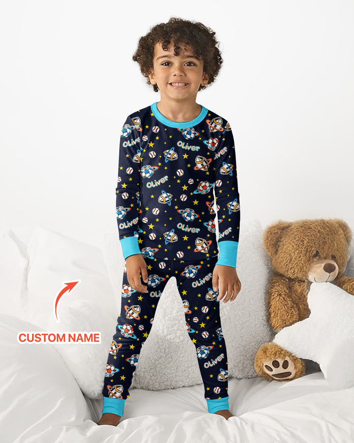 Custom Name Space Sport Bamboo Two Piece Long Sleeve Pajama Set