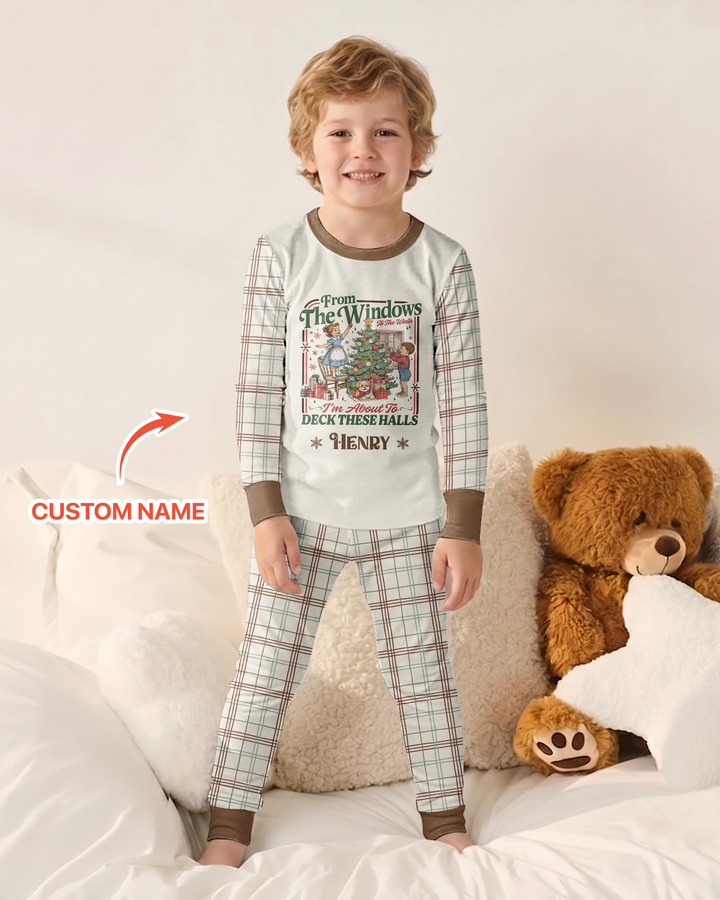 Custom Name Vintage Deck The Halls Bamboo Two Piece Long Sleeve Pajama Set