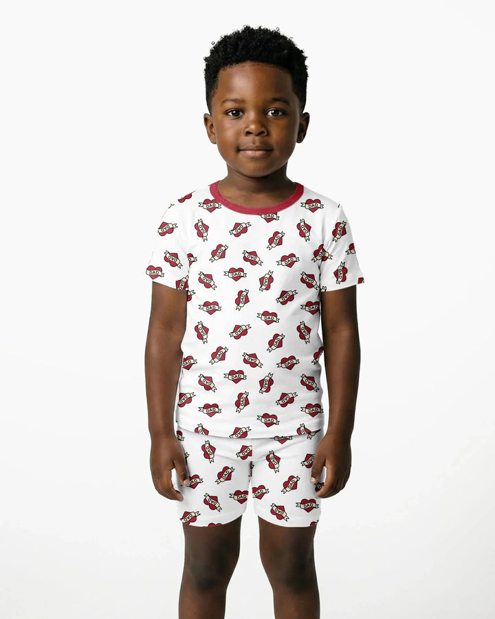 Old School Dad Hearts Daddy & Me Matching Bamboo Two Piece Short Sleeve Shorts Pajama Set