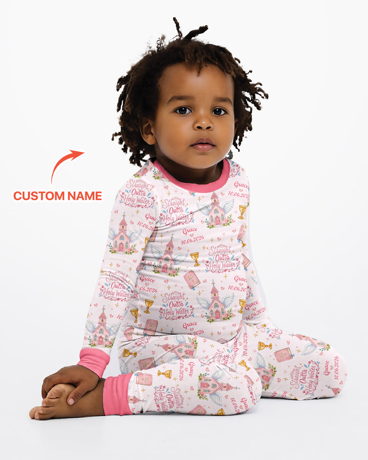 Custom Name Baptism Christening Straight Outta Holy Water Bamboo Two Piece Long Sleeve Pajama Set