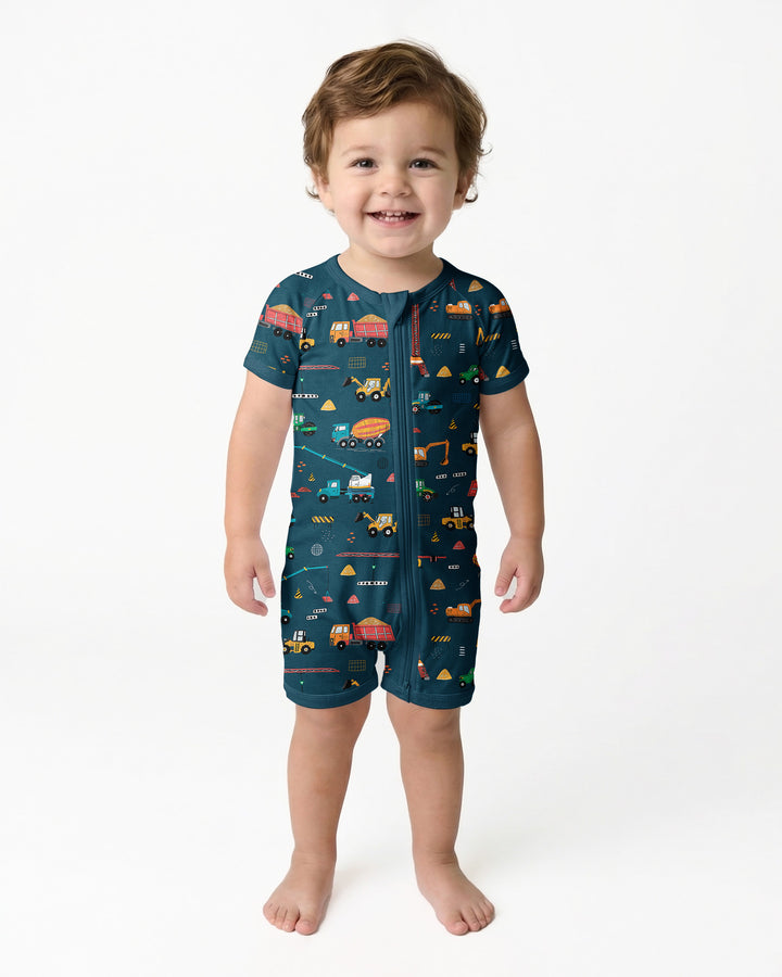 Dark Slate Gray Construction Bamboo Shorty Zippered Romper