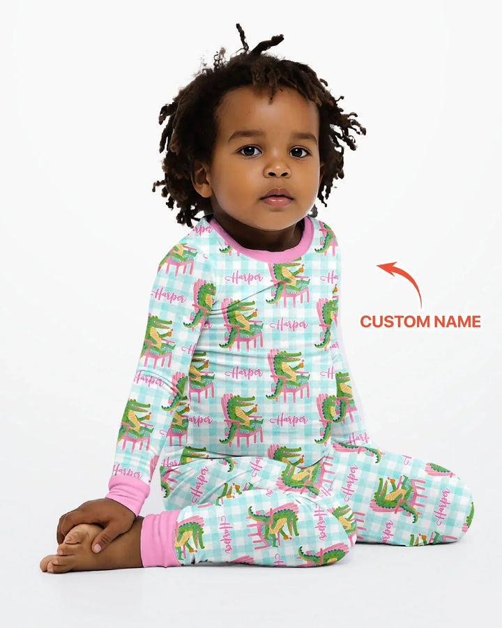 Custom Name Preppy Later Gator Bamboo Two Piece Long Sleeve Pajama Set