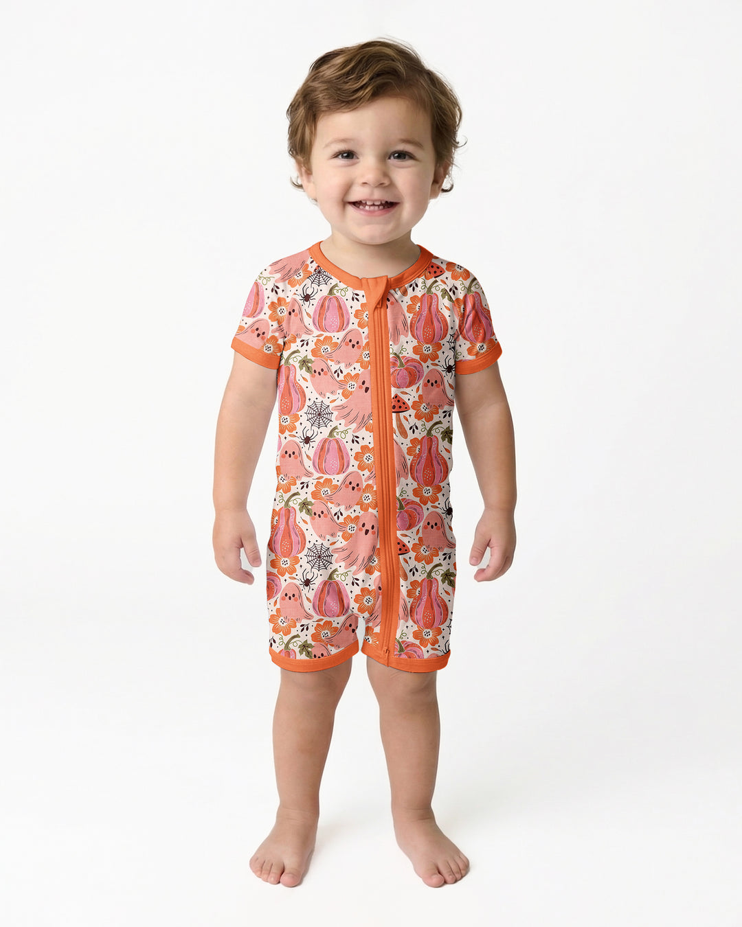 Pink Ghost Pumpkin Fall Floral Halloween Bamboo Shorty Zippy