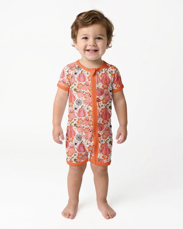 Pink Ghost Pumpkin Fall Floral Halloween Bamboo Shorty Zippy