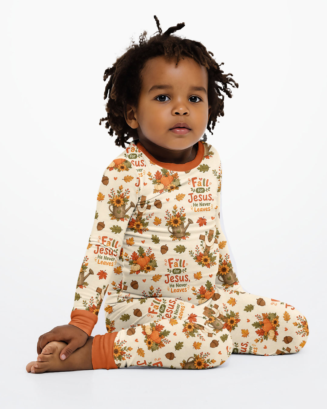 Fall For Jesus He Never Leaves Bamboo Two Piece Long Sleeve Pajama Set