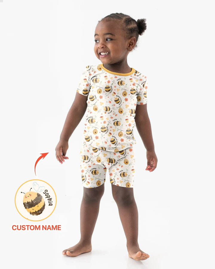 Bee Kind Custom Name Bamboo Two Piece Short Sleeve Shorts Pajama Set