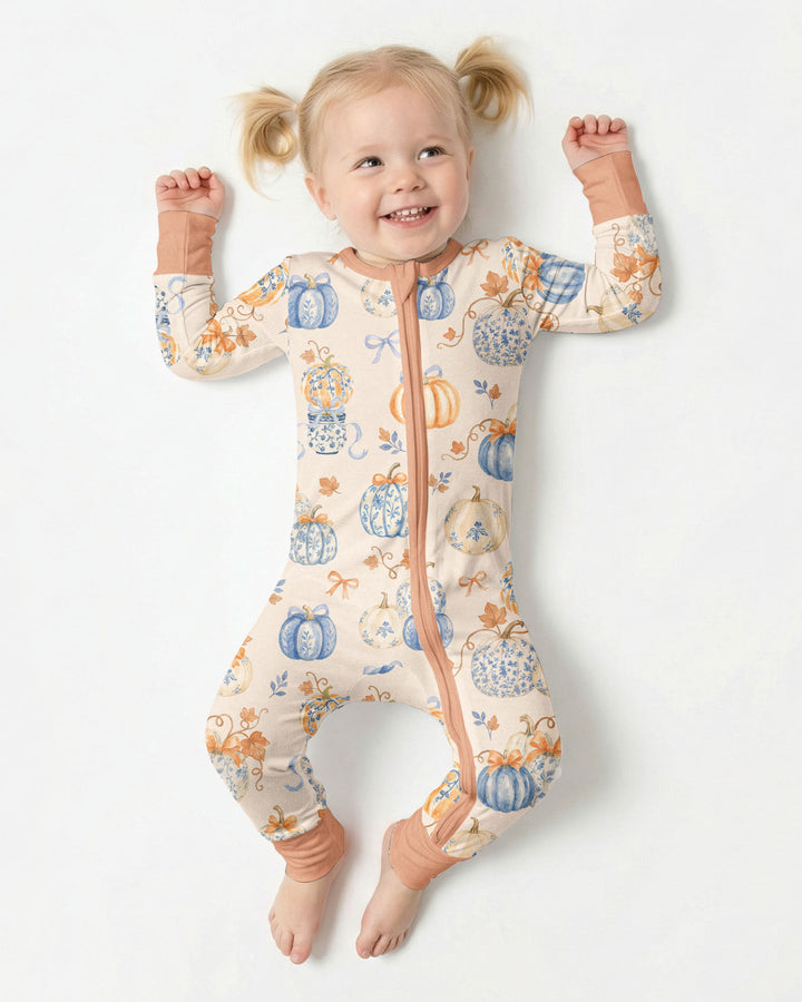 Preppy Blue and Orange Chinoiserie Pumpkin Bamboo Convertible Zippy