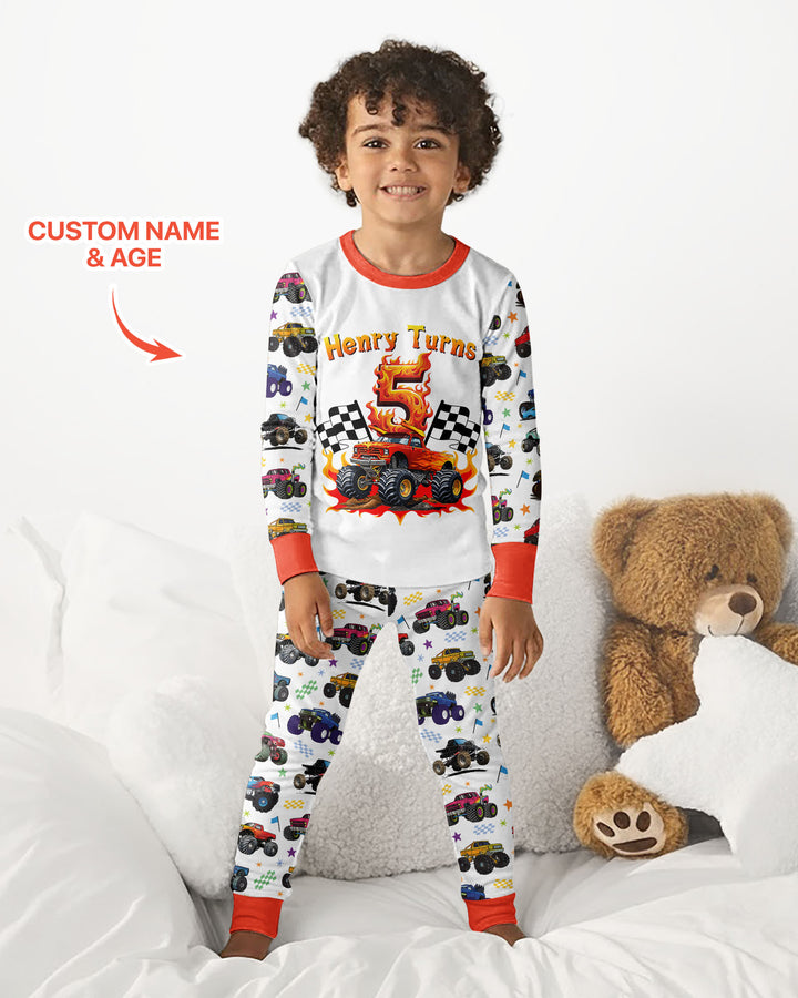 Monster Truck Birthday Boy Custom Name & Age Bamboo Two Piece Long Sleeve Pajama Set