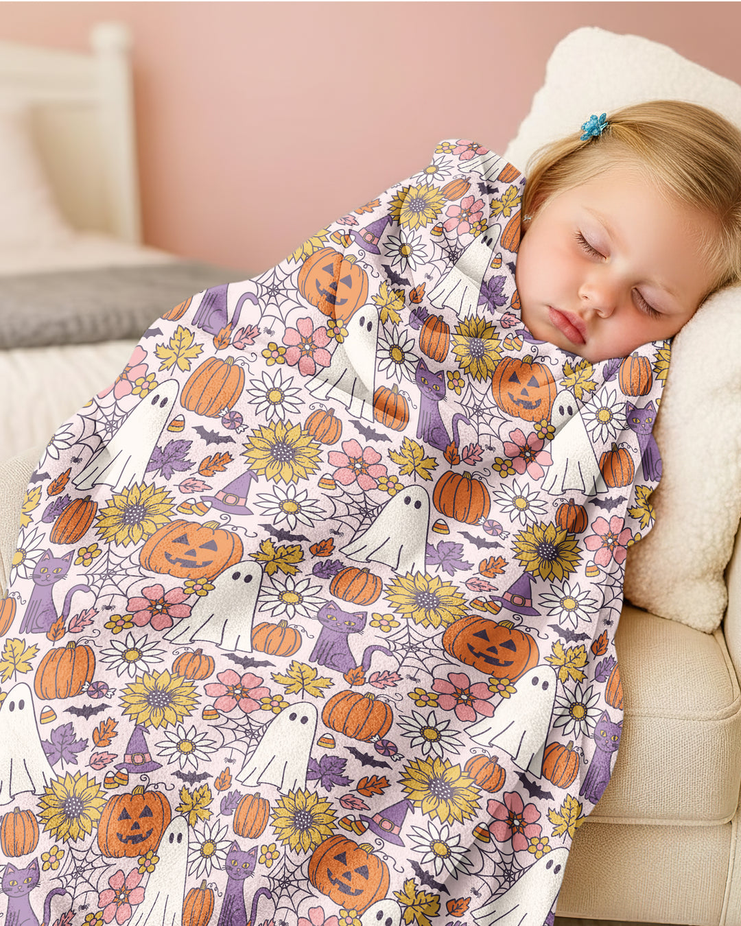 Ghost Pumpkin Fall Floral Halloween Bamboo Blanket