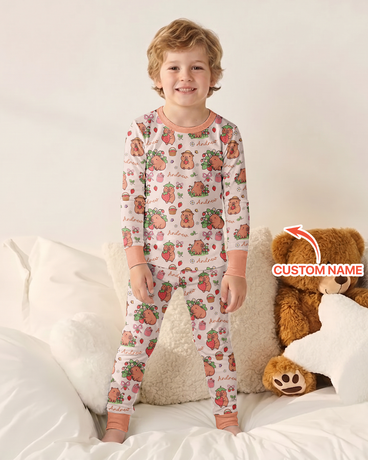 Custom Name Capybara Strawberry Bamboo Two Piece Long Sleeve Pajama Set