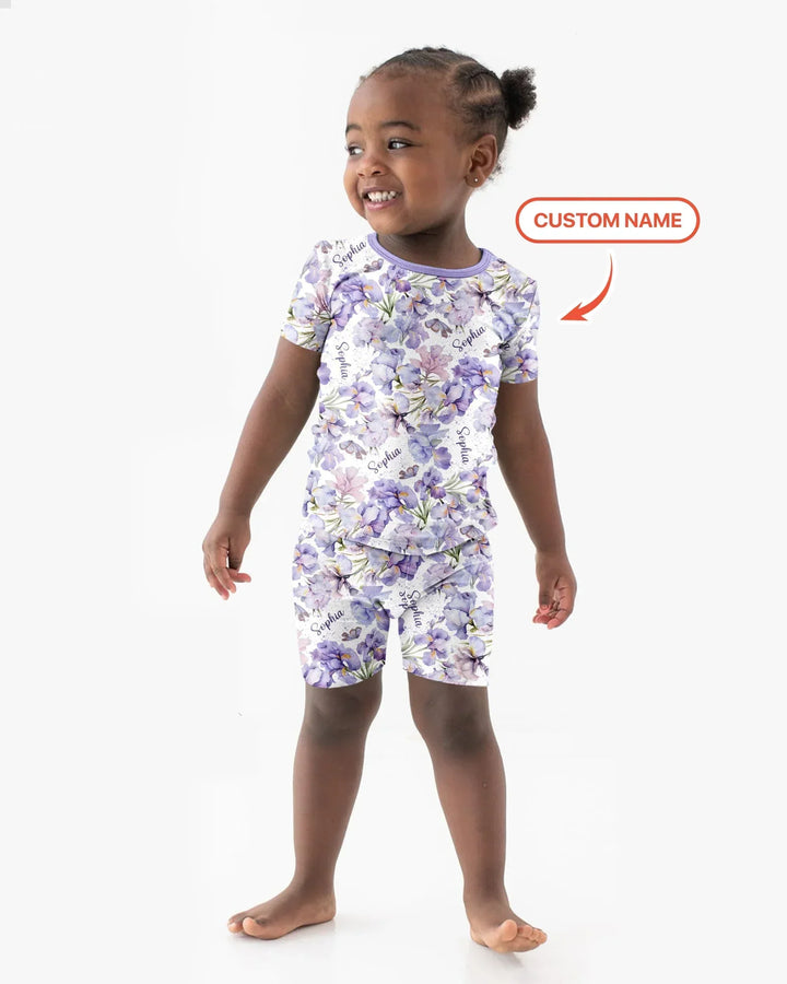 Custom Name Birth Month Flowers Bamboo Two Piece Short Sleeve Shorts Pajama Set