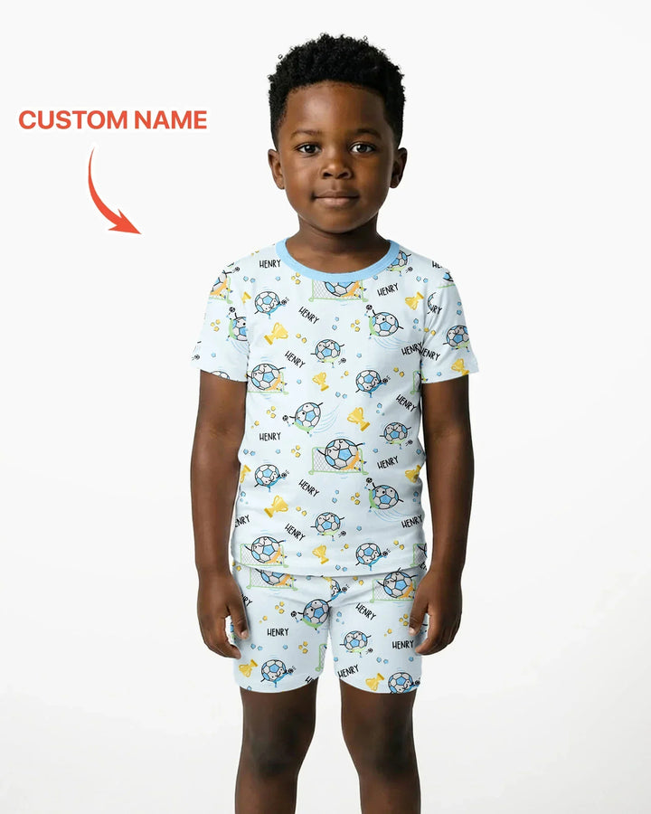 Conjunto de pijama de dos piezas de bambú a juego para papá futbolero, de manga corta y pantalones cortos, con nombre personalizado