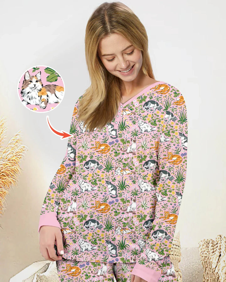 Conjunto de pijama de bambú a juego para mujer Kitten Garden