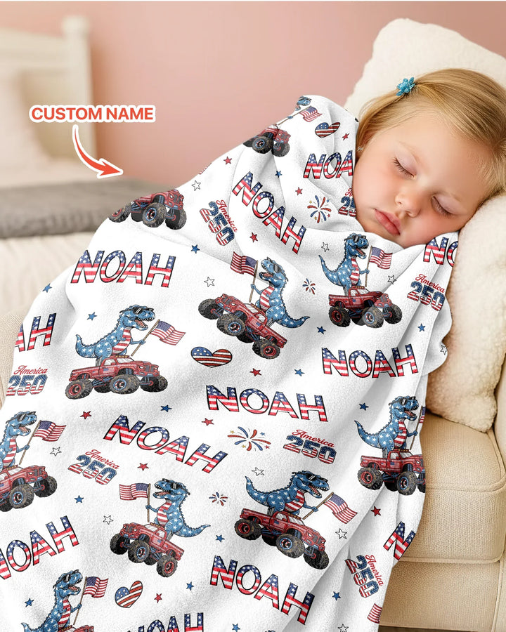 Custom Name American Flag Dinosaur Bamboo Blanket