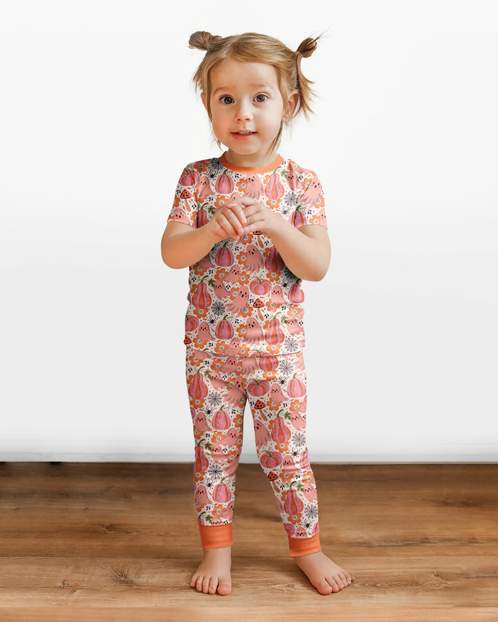 Pink Ghost Pumpkin Fall Floral Halloween Bamboo Two Piece Short Sleeve Pajama Set