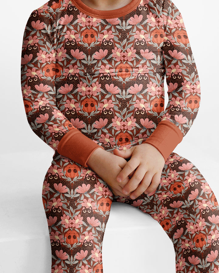 Spooky Owl Pumpkin Folk Floral Halloween Bamboo Two Piece Long Sleeve Pajama Set