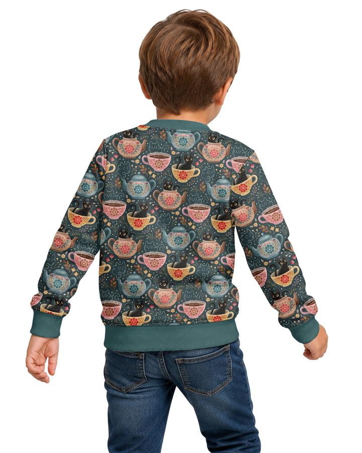 Folk Floral Black Cat Tea Party Bamboo Crewneck Sweatshirt