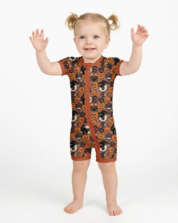 Vintage Halloween Black Cat Pumpkin Bamboo Shorty Zippy