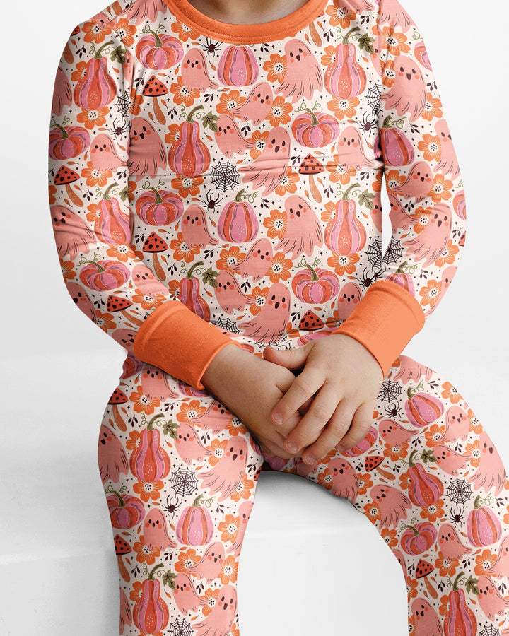 Pink Ghost Pumpkin Fall Floral Halloween Bamboo Two Piece Long Sleeve Pajama Set