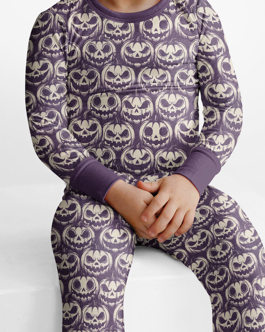 Retro Halloween Jack-O-Lantern Spooky Faces Bamboo Two Piece Long Sleeve Pajama Set
