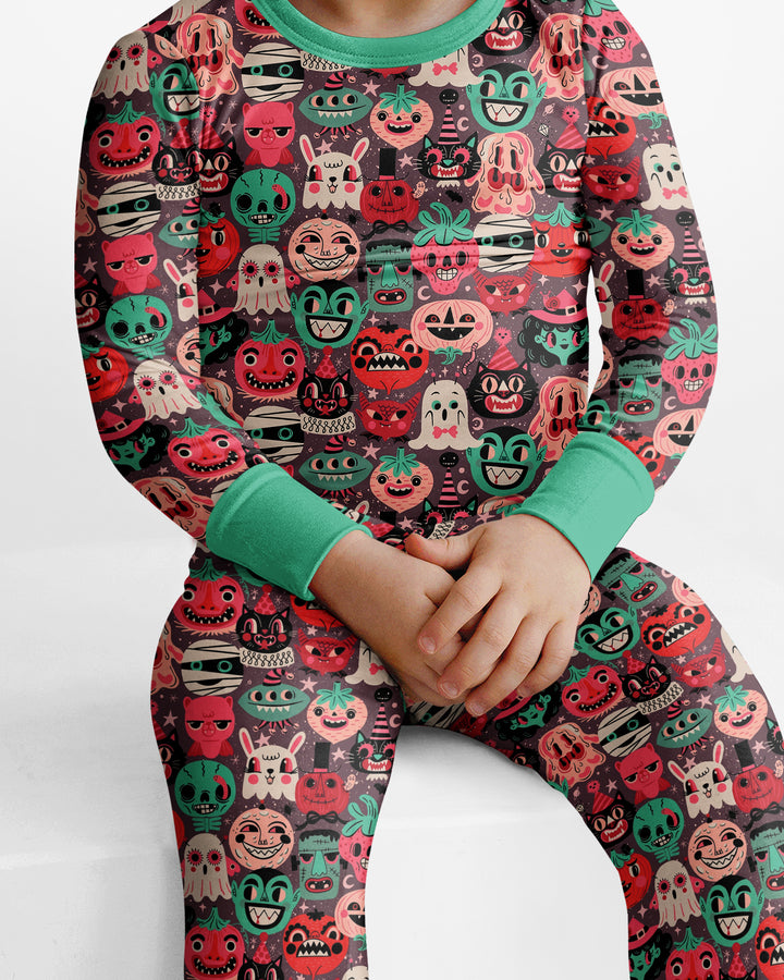 Retro Halloween Monsters Ghost Pumpkin Mummy Bamboo Two Piece Long Sleeve Pajama Set
