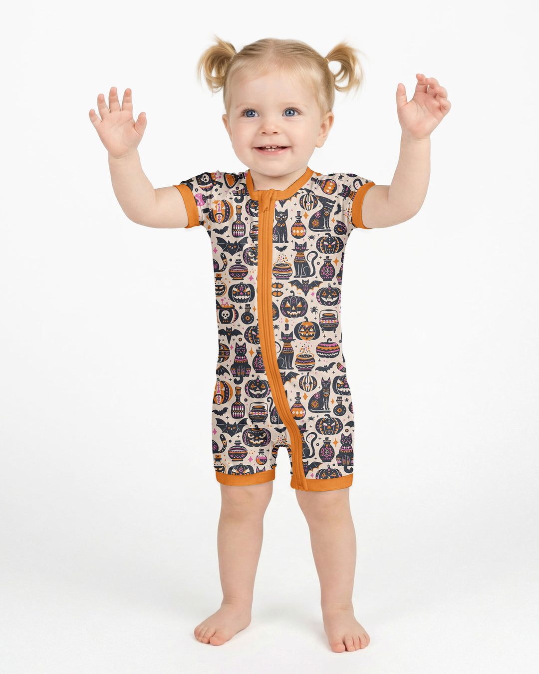Whimsical Tribal Retro Halloween Black Cats Pumpkins Bamboo Shorty Zippy