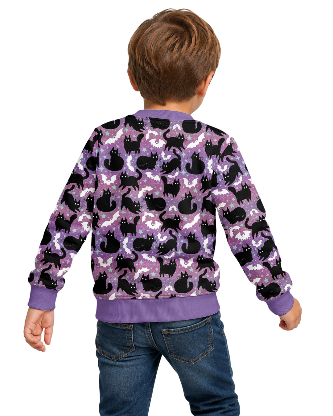 Spooky Black Cat Halloween Purple Bats Bamboo Crewneck Sweatshirt