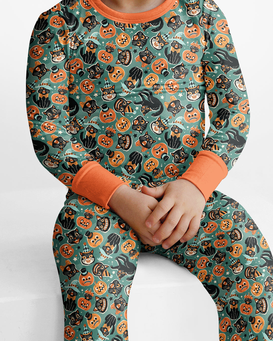 Retro Black Cat Witch Pumpkin Halloween Bamboo Two Piece Long Sleeve Pajama Set