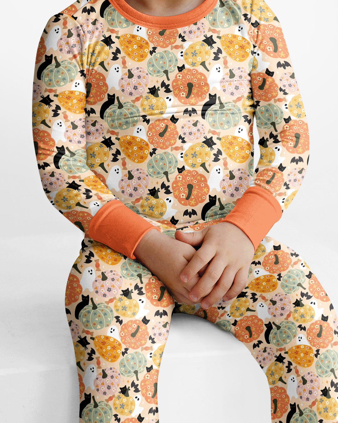 Floral Pumpkin Ghost Halloween Bamboo Two Piece Long Sleeve Pajama Set