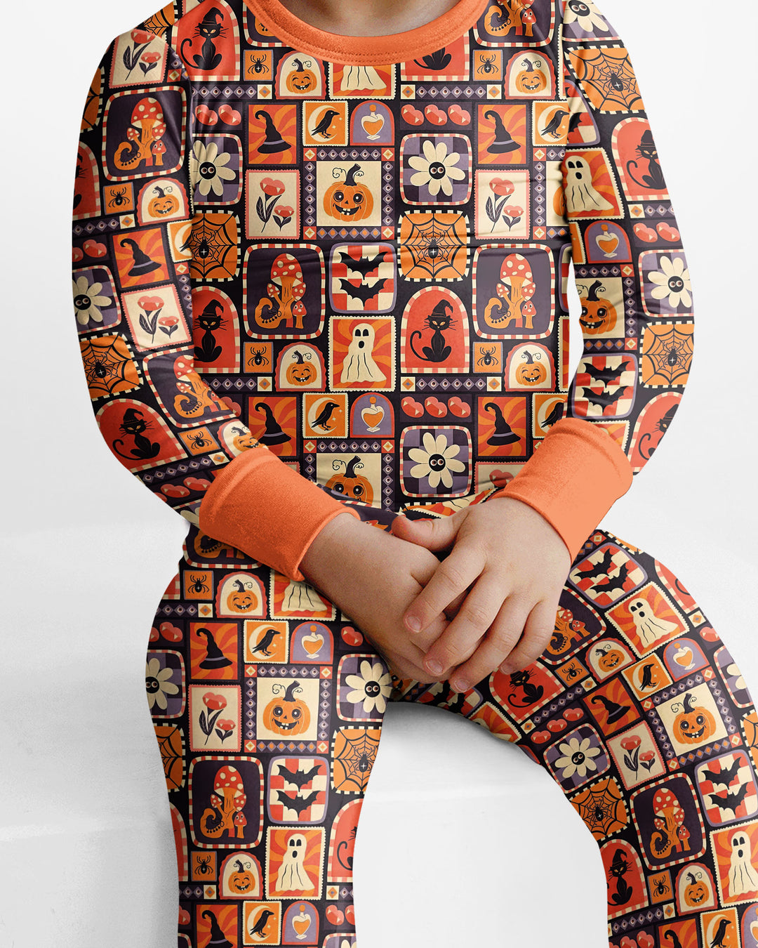 Retro Halloween Patchwork Icons Bamboo Two Piece Long Sleeve Pajama Set