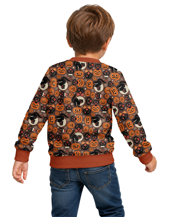 Vintage Halloween Black Cat Pumpkin Bamboo Crewneck Sweatshirt