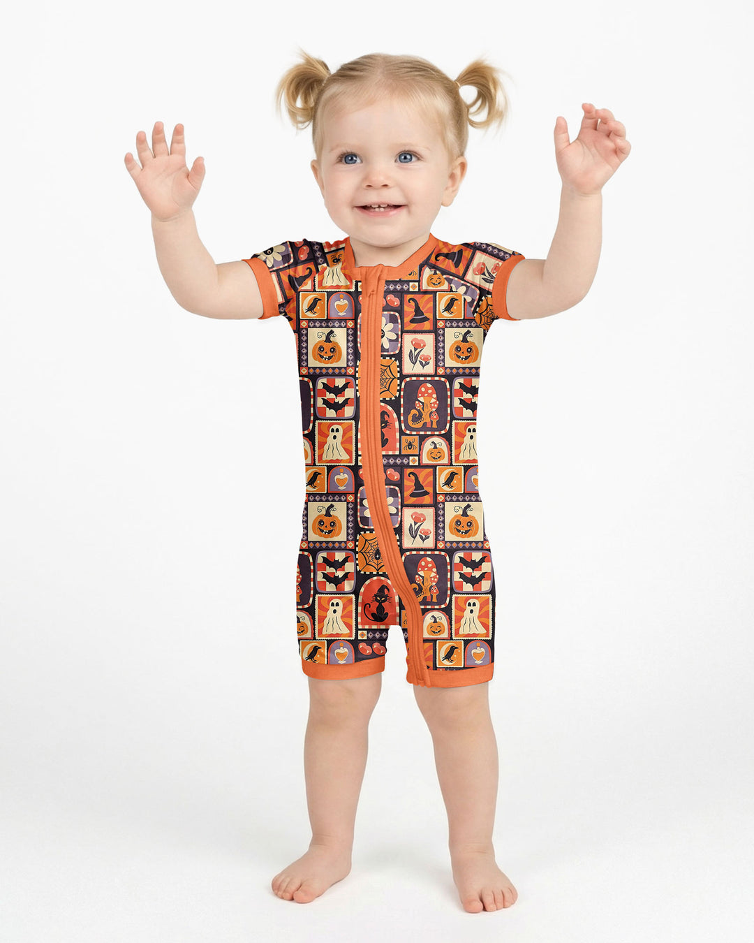 Retro Halloween Patchwork Icons Bamboo Shorty Zippy