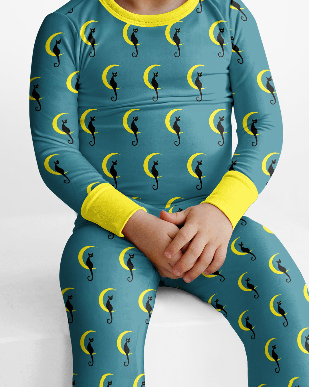 Black Cat Crescent Moon Celestial Night Bamboo Two Piece Long Sleeve Pajama Set