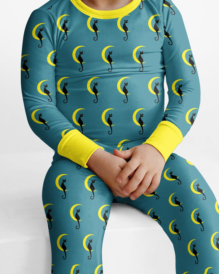 Black Cat Crescent Moon Celestial Night Bamboo Two Piece Long Sleeve Pajama Set