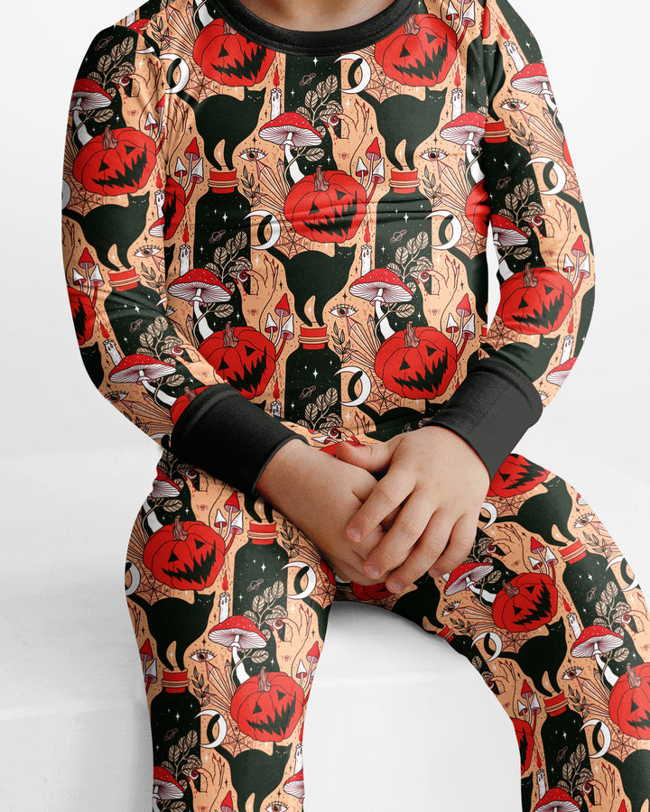 Black Cat And Pumpkin Halloween Bamboo Two Piece Long Sleeve Pajama Set