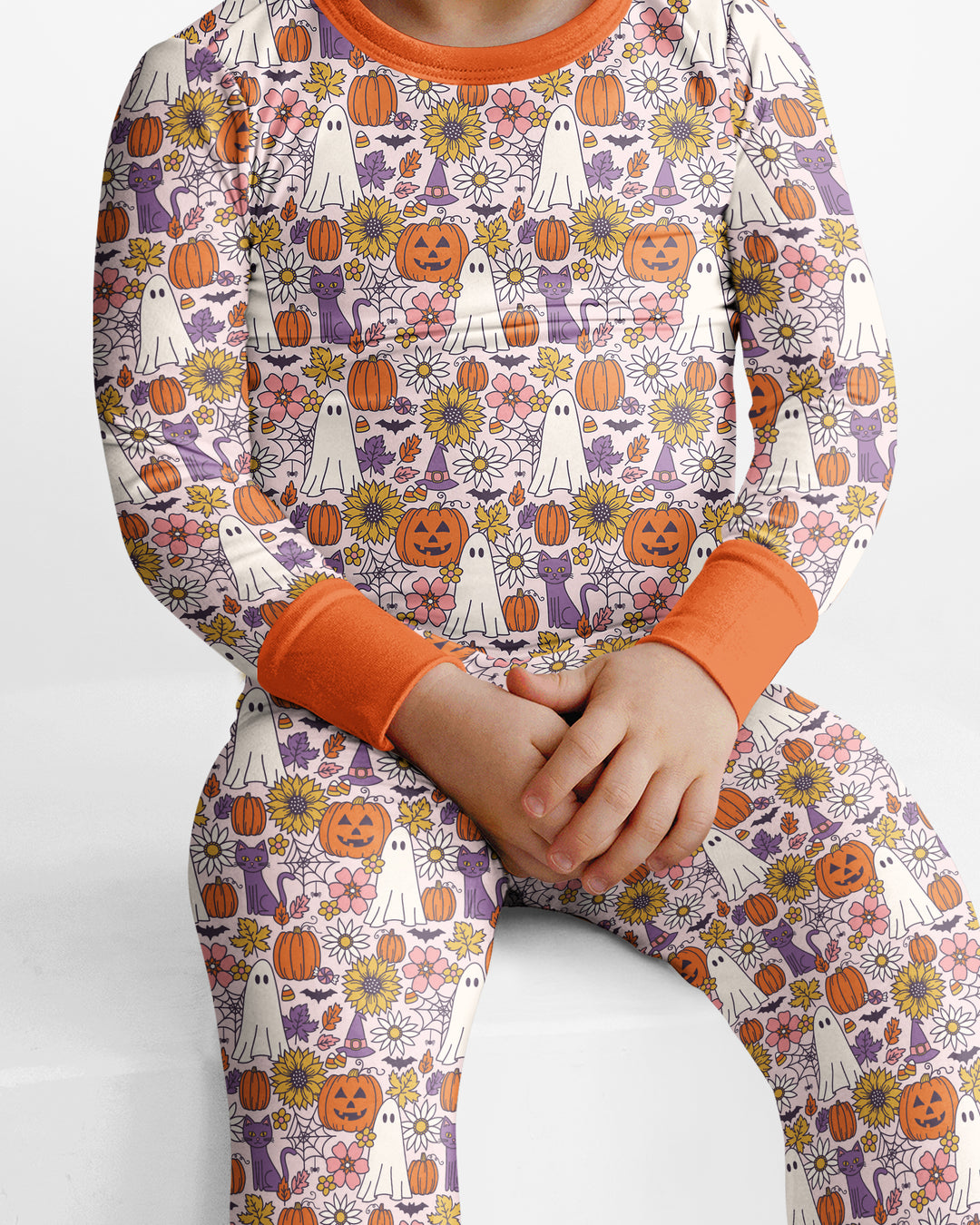 Ghost Pumpkin Fall Floral Halloween Bamboo Two Piece Long Sleeve Pajama Set