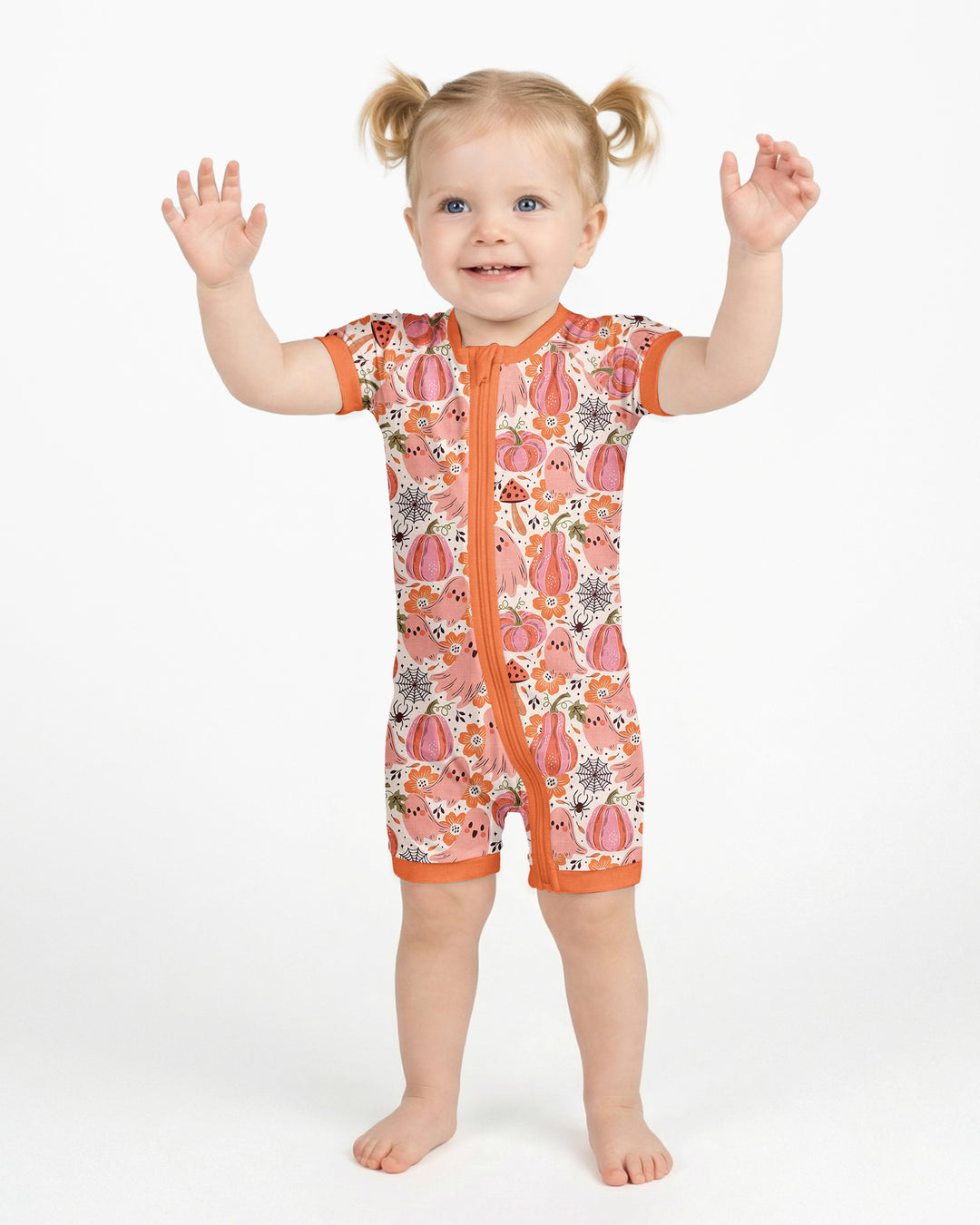 Pink Ghost Pumpkin Fall Floral Halloween Bamboo Shorty Zippy
