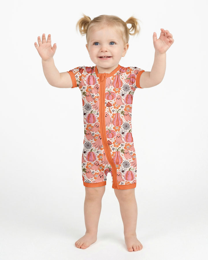Pink Ghost Pumpkin Fall Floral Halloween Bamboo Shorty Zippy