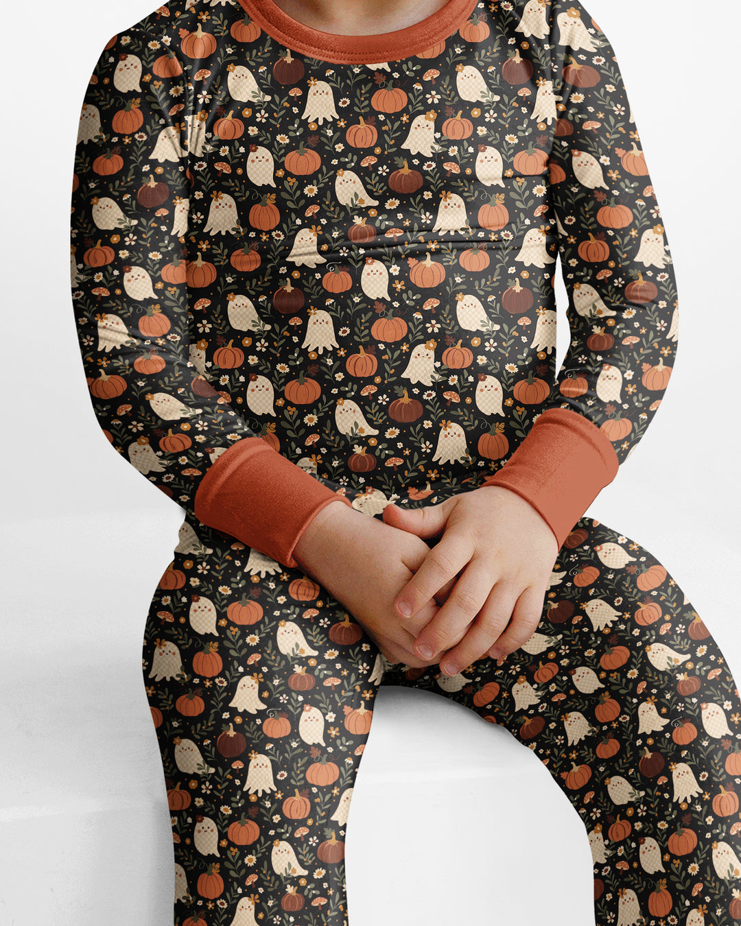 Ghost Pumpkin Harvest Floral Halloween Bamboo Two Piece Long Sleeve Pajama Set