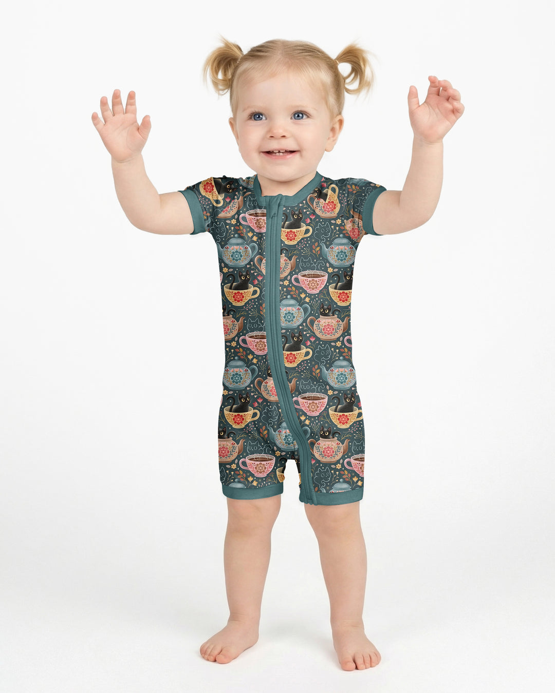 Folk Floral Black Cat Tea Party Bamboo Shorty Zippy