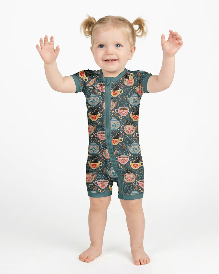 Folk Floral Black Cat Tea Party Bamboo Shorty Zippy