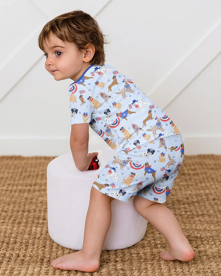 Conjunto de pijama de dos piezas de bambú a juego para la familia, con estampado de "Patriotic Pups", de manga corta y pantalón corto