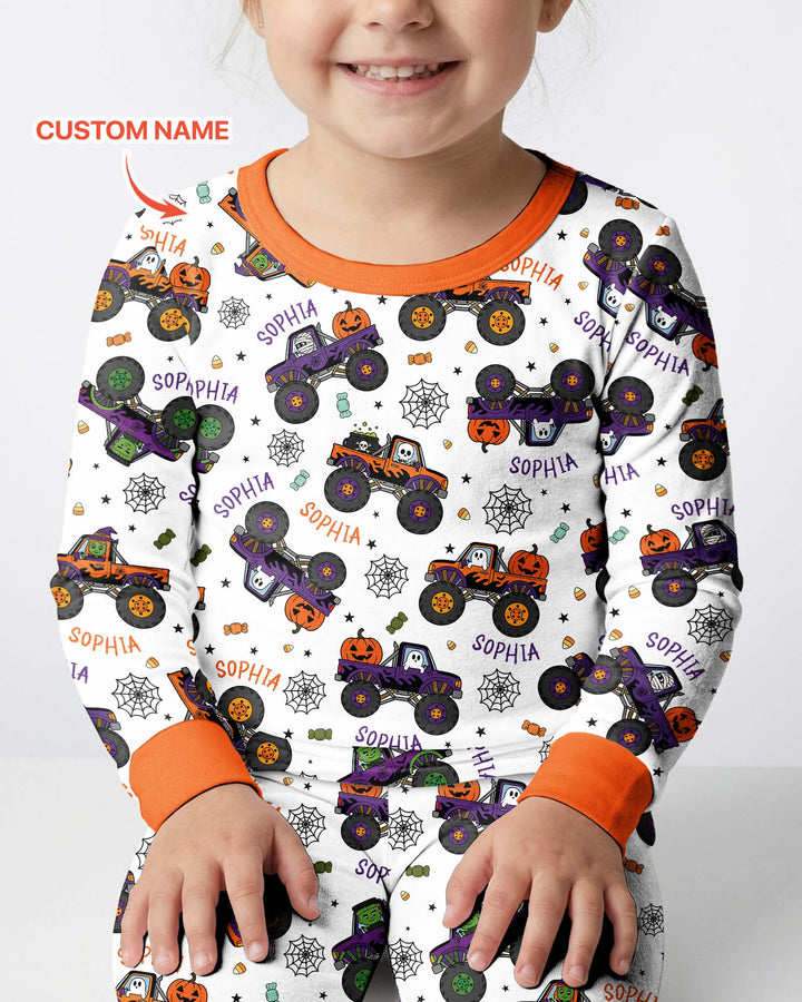 Custom Name Halloween Monster Truck Bamboo Two Piece Long Sleeve Pajama Set