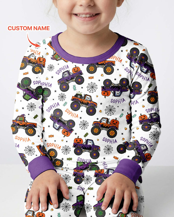 Custom Name Halloween Monster Truck Bamboo Two Piece Long Sleeve Pajama Set