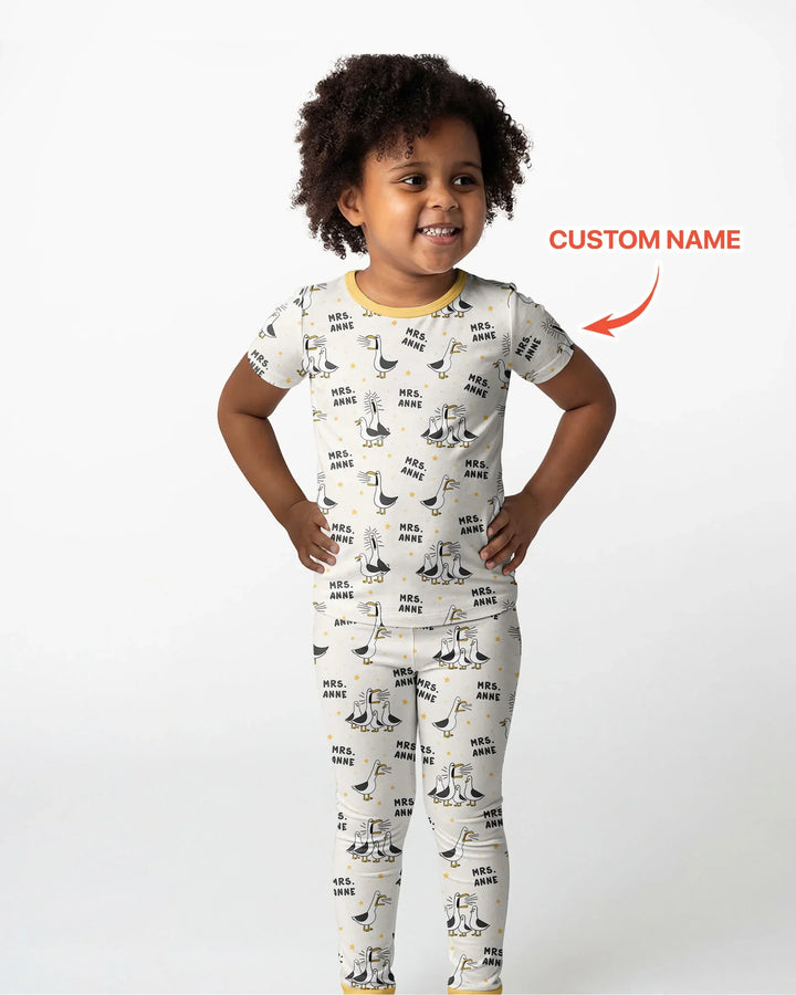Custom Funny Seagulls Teacher Bamboo Two Piece Short Sleeve Pajama Set